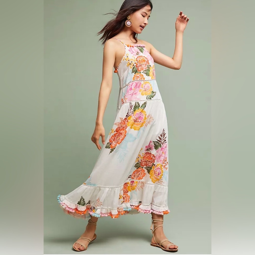 Anthropologie, Farm Rio maxi dress Havana floral, Pom-pom trim 100% cotton. Sz M